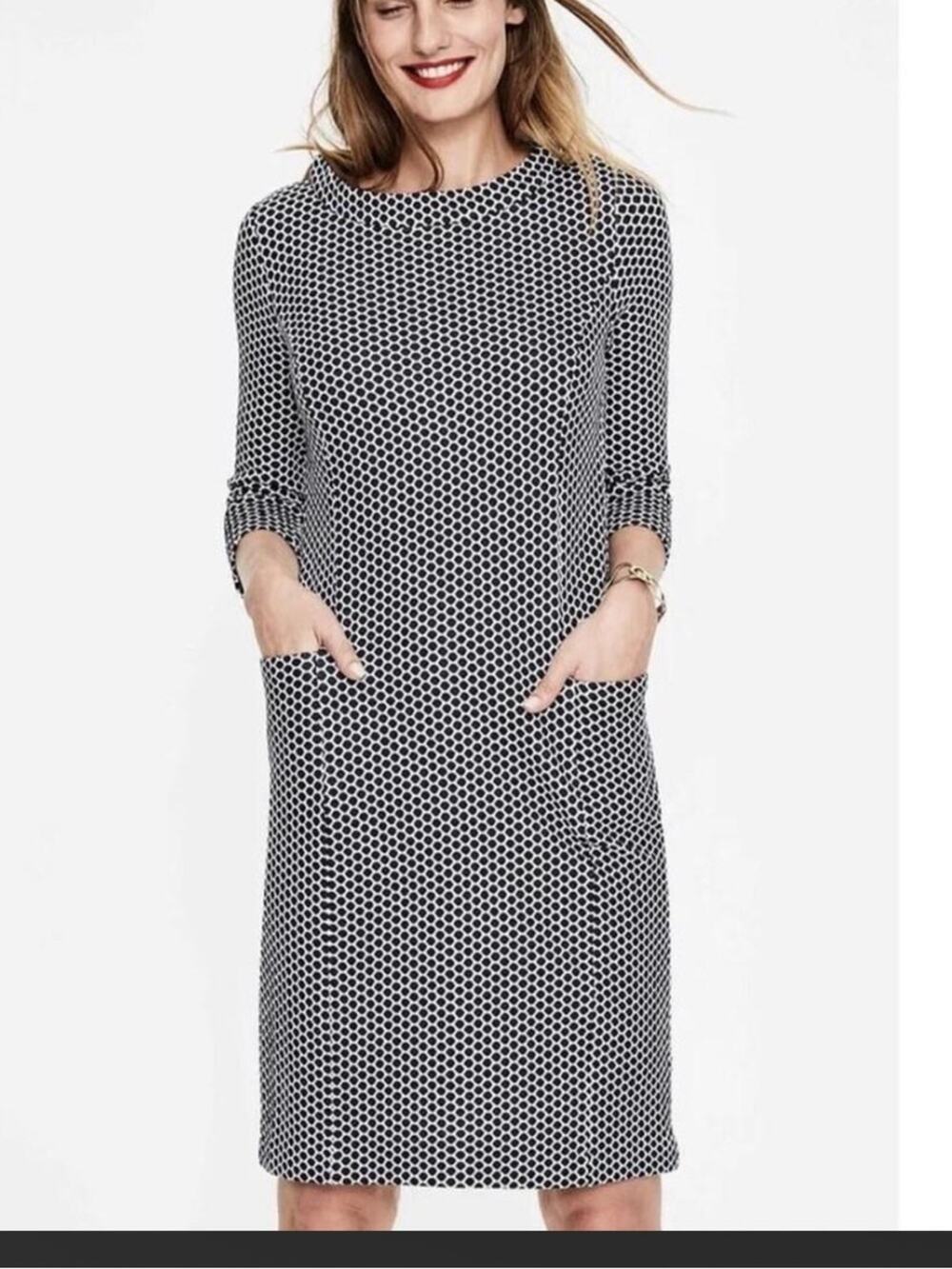 Boden size 16 boat neck Classic green white teal Houndstooth Shift Dress